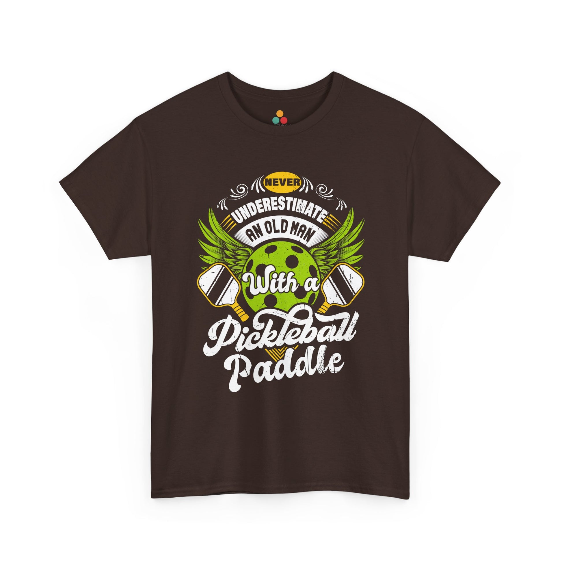 “Teezoca brown Never Underestimate an Old Man with a Pickleball Paddle shirt, vintage white script and neon green ball graphic, front display.”

