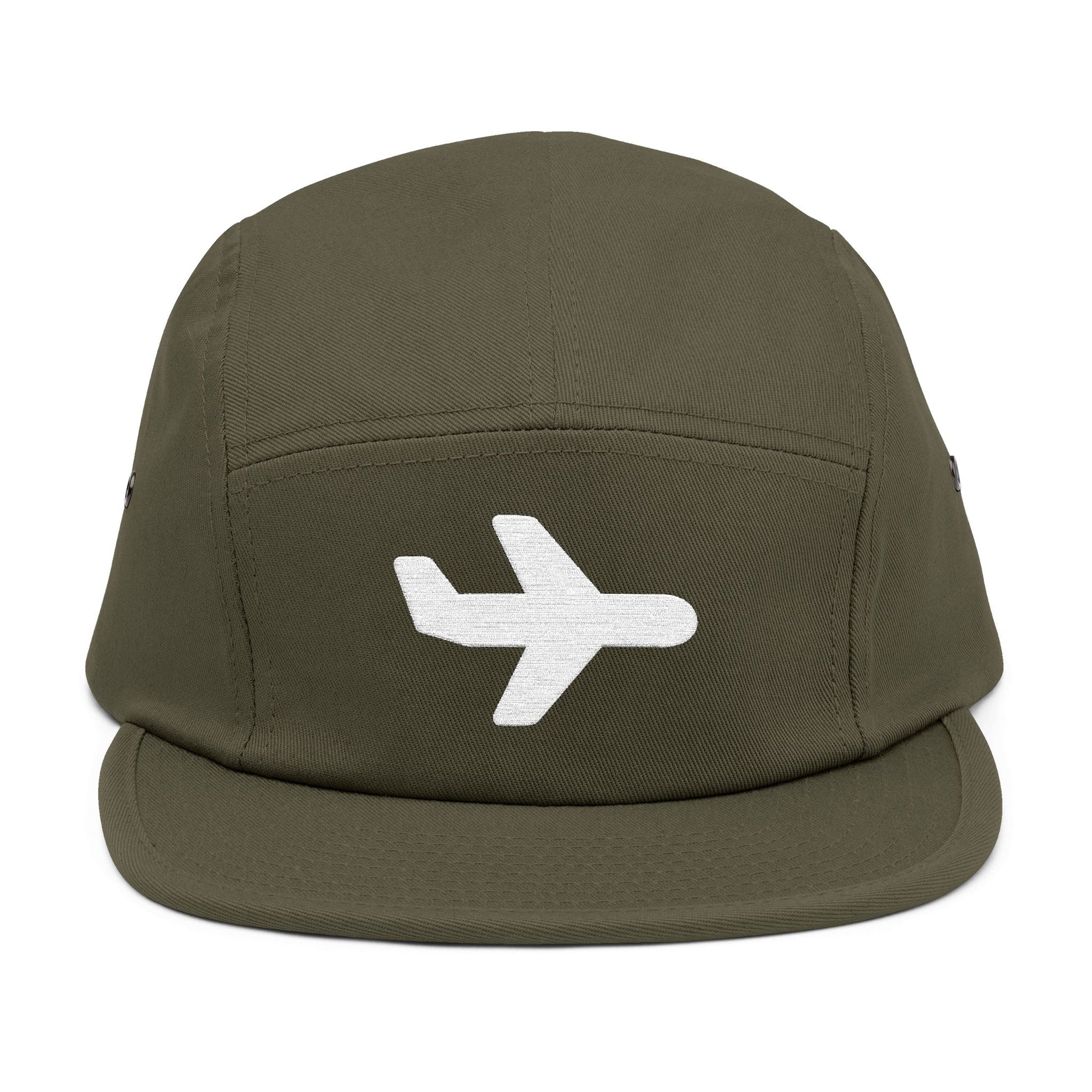 Green cap with a white airplane icon on a white background. Minimal white airplane icon embroidered on black 5-panel cap. TEEZOCA