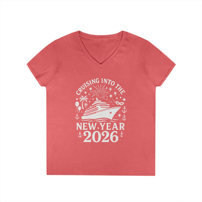 Red t-shirt with white graphic and text 'Cruising into the New Year 2026' on a white background