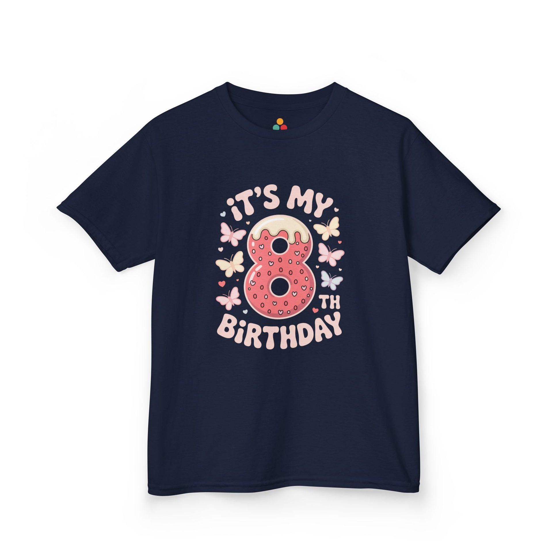 “Navy blue ‘It’s My 8th Birthday’ donut shirt with pastel butterflies and hearts, kids birthday tee, flat front.”

