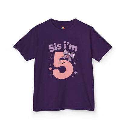 Purple kids’ t‑shirt with pink “Sis I’m 5” kitty face, lilac bow, and pastel stars, flat front view.