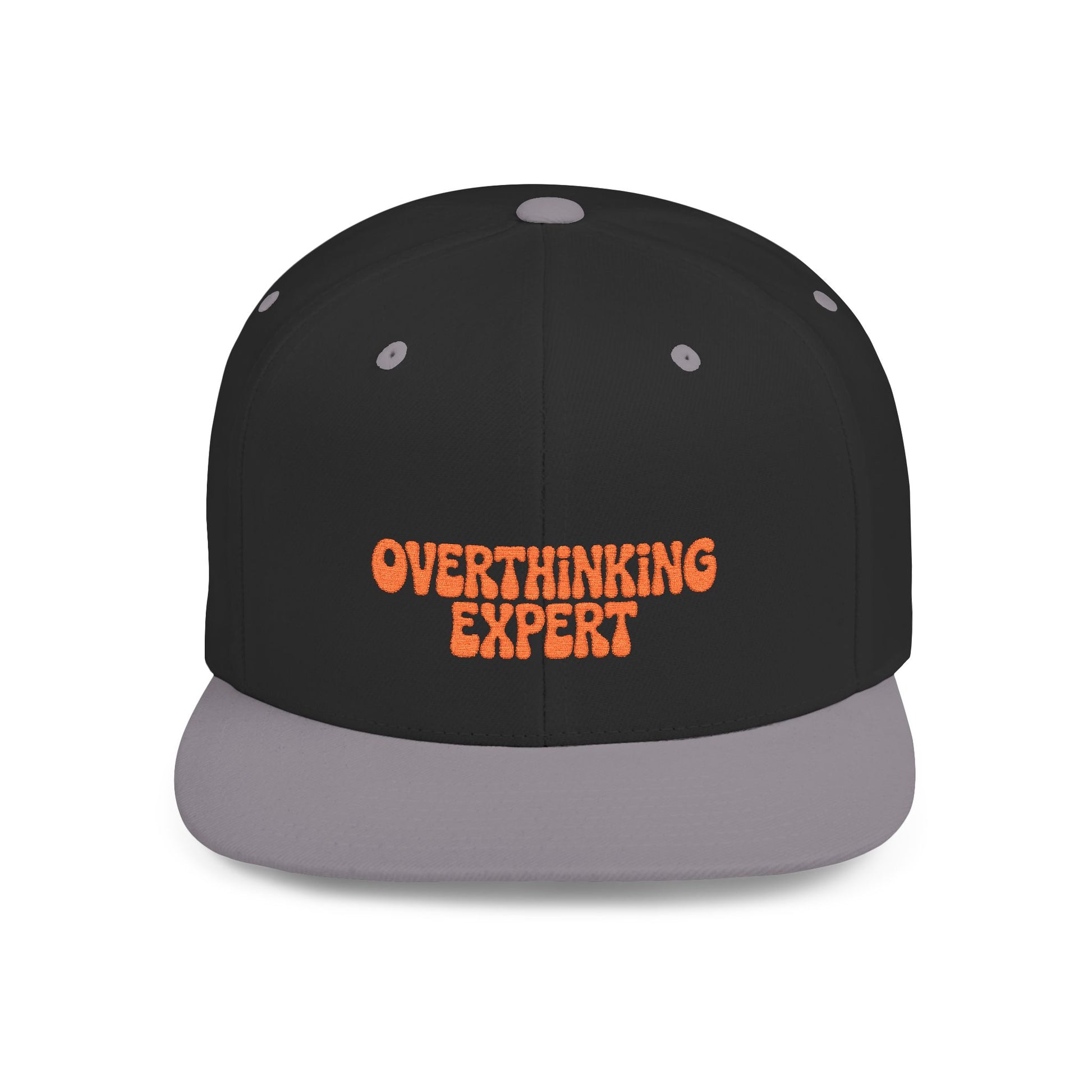 Black and gray cap with 'Overthinking Expert' text on a white background