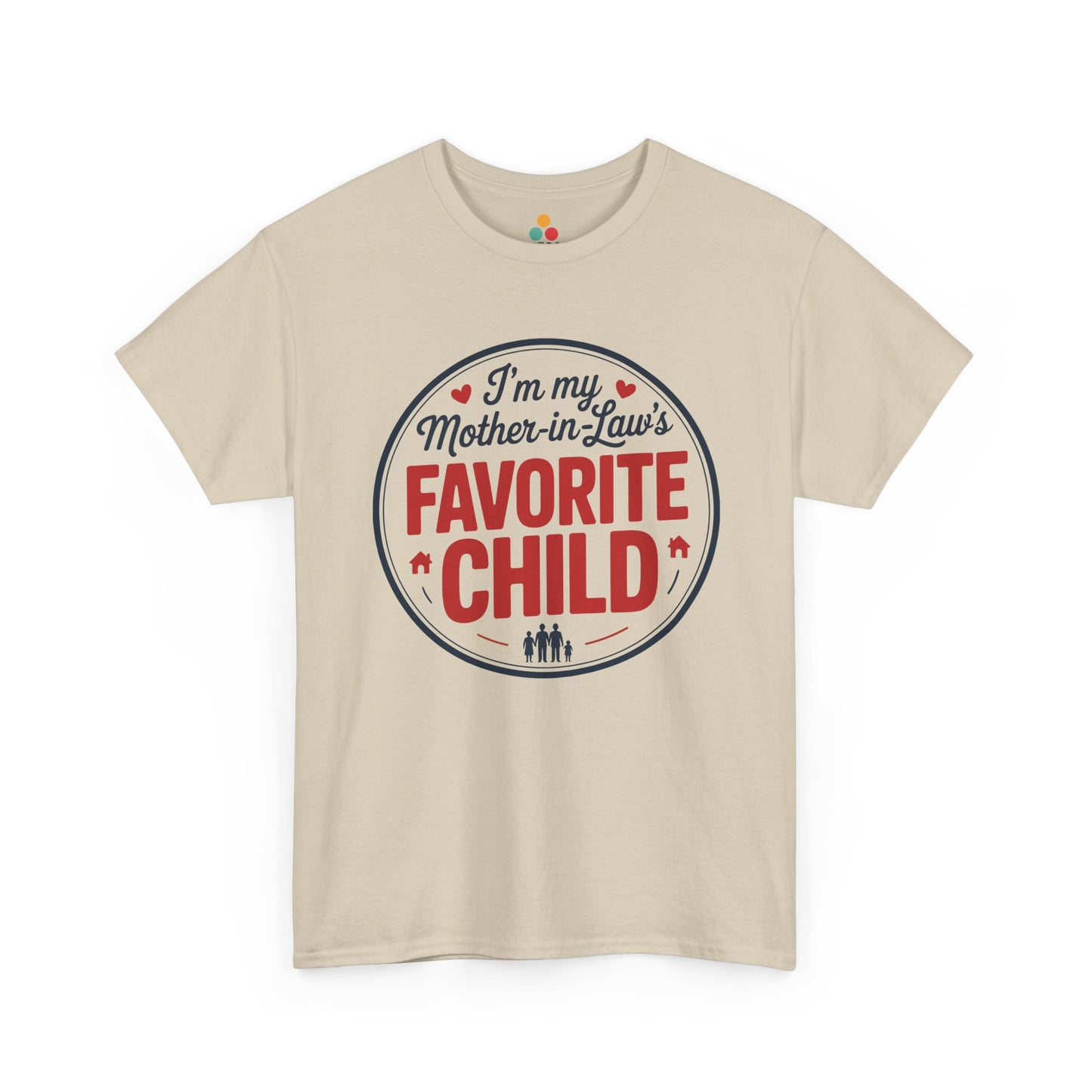 TEEZOCA beige “I’m my Mother‑in‑Law’s Favorite Child” novelty t‑shirt displayed flat.