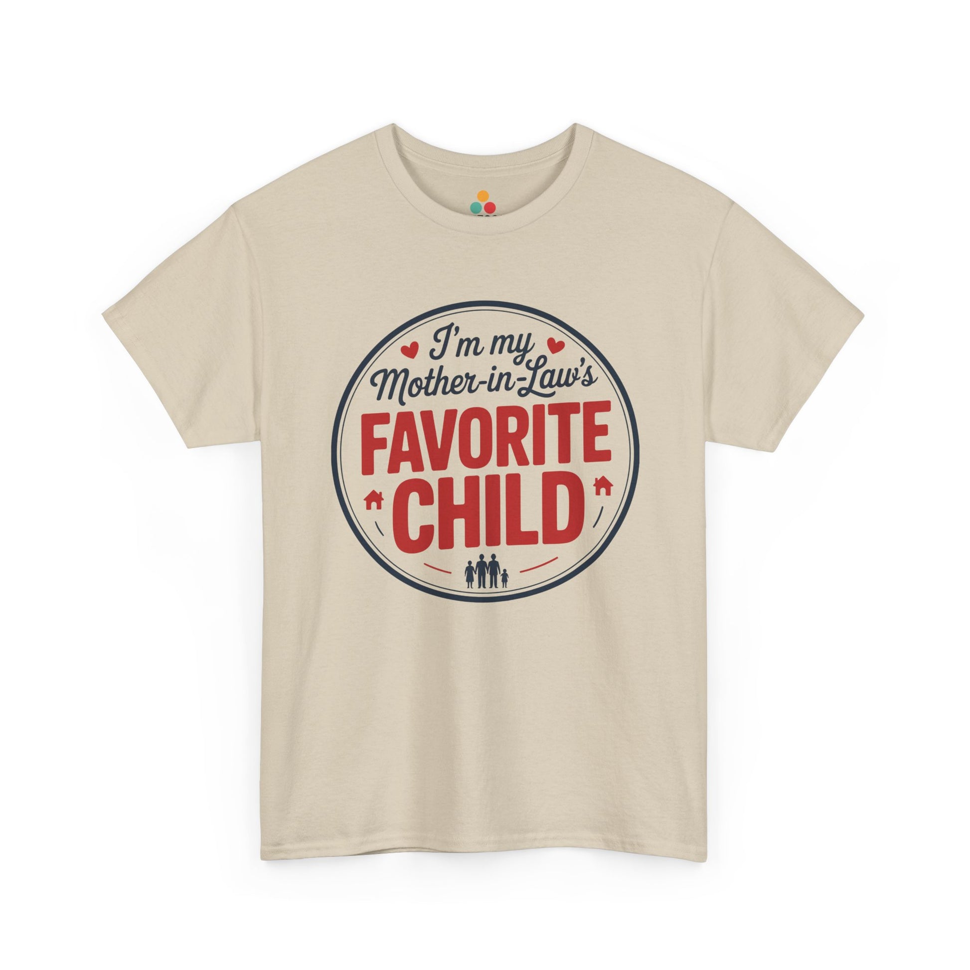 TEEZOCA beige “I’m my Mother‑in‑Law’s Favorite Child” novelty t‑shirt displayed flat.