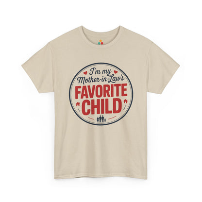 TEEZOCA beige “I’m my Mother‑in‑Law’s Favorite Child” novelty t‑shirt displayed flat.