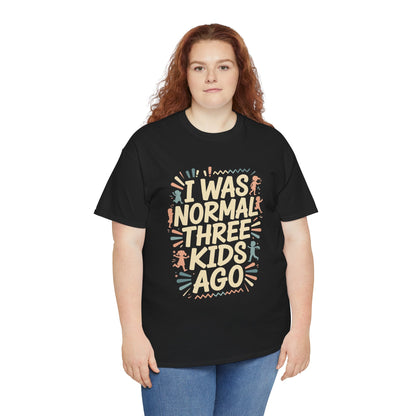 Woman wearing a black TEEZOCA “I Was Normal Three Kids Ago” sarcastic parent tee with jeans.