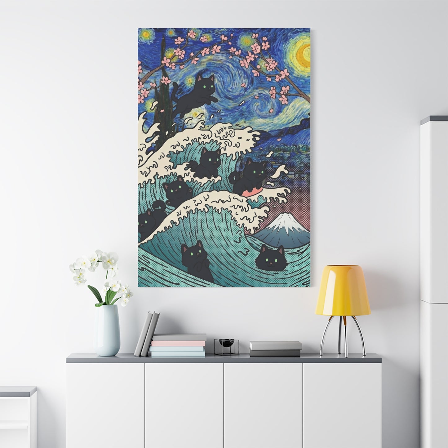 Starry Night Black Cat Wave Canvas Art – Aesthetic Fine Art Decor | TEEZOCA 