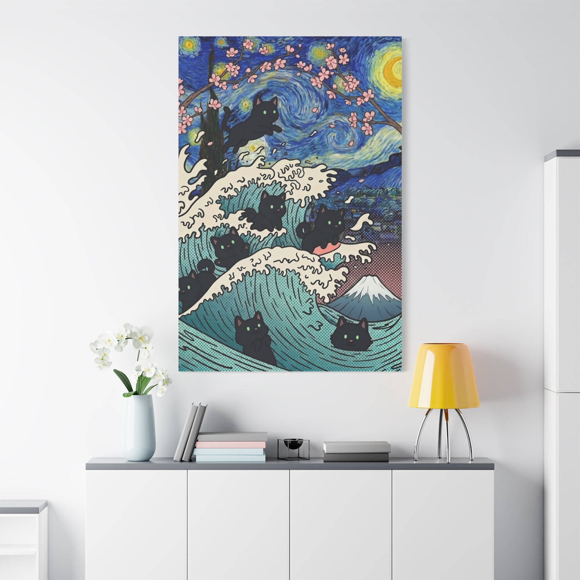 Starry Night Black Cat Wave Canvas Art – Aesthetic Fine Art Decor | TEEZOCA 