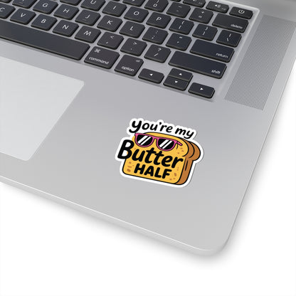 Laptop with a sticker reading 'You're my Butter HALF' on a white background. TEEZOCA