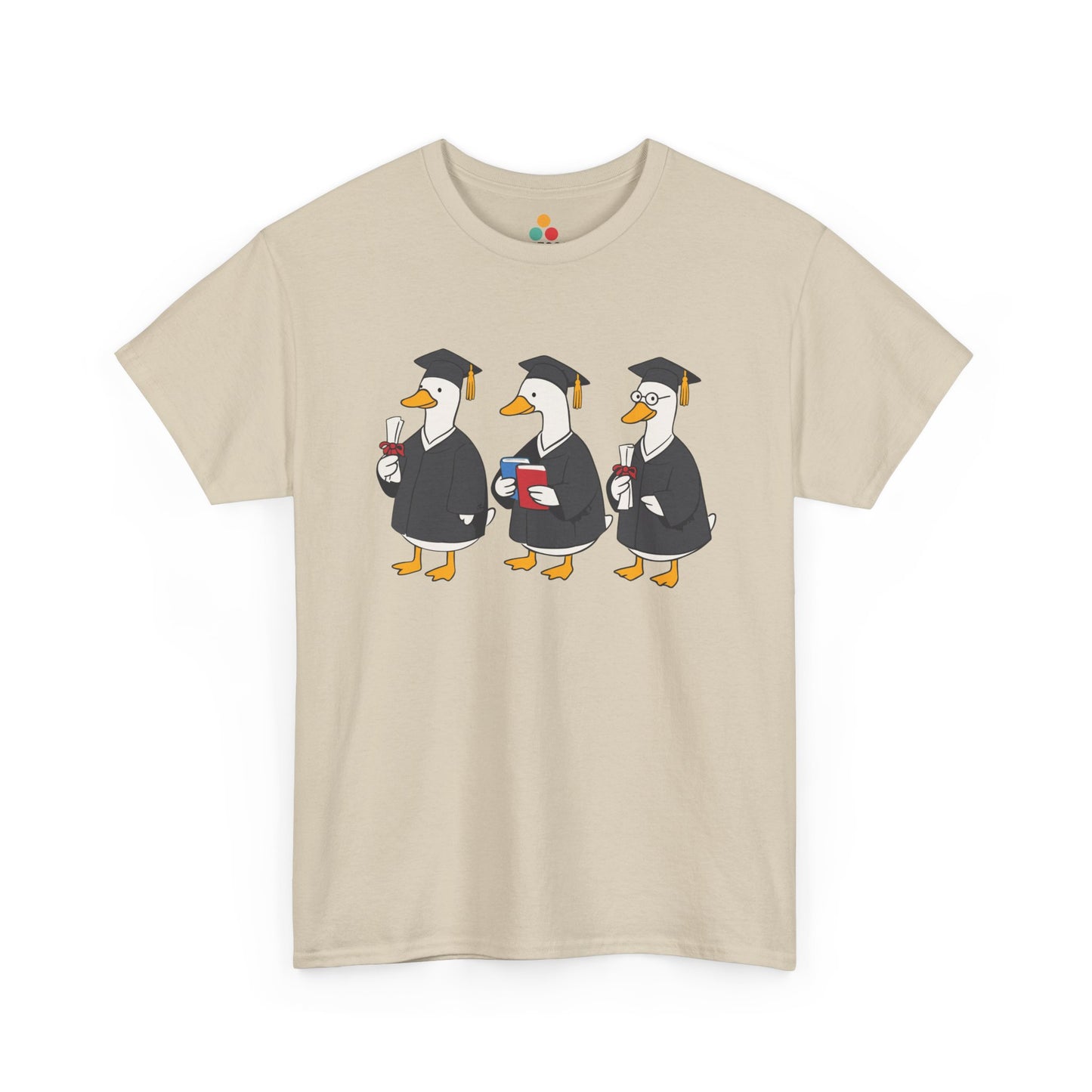TEEZOCA beige graduation ducks graphic t‑shirt displayed flat.