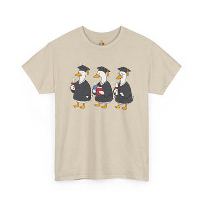 TEEZOCA beige graduation ducks graphic t‑shirt displayed flat.