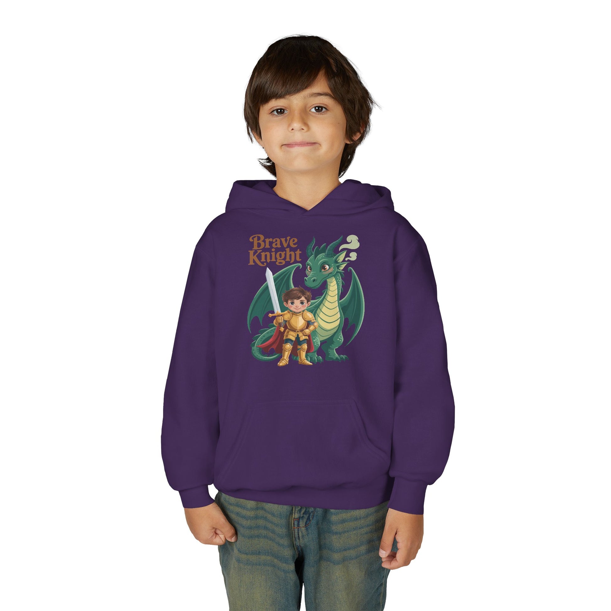 Brave Knight Youth Hoodie — Cute Dragon & Knight Graphic Sweatshirt for Kids TEEZOCA