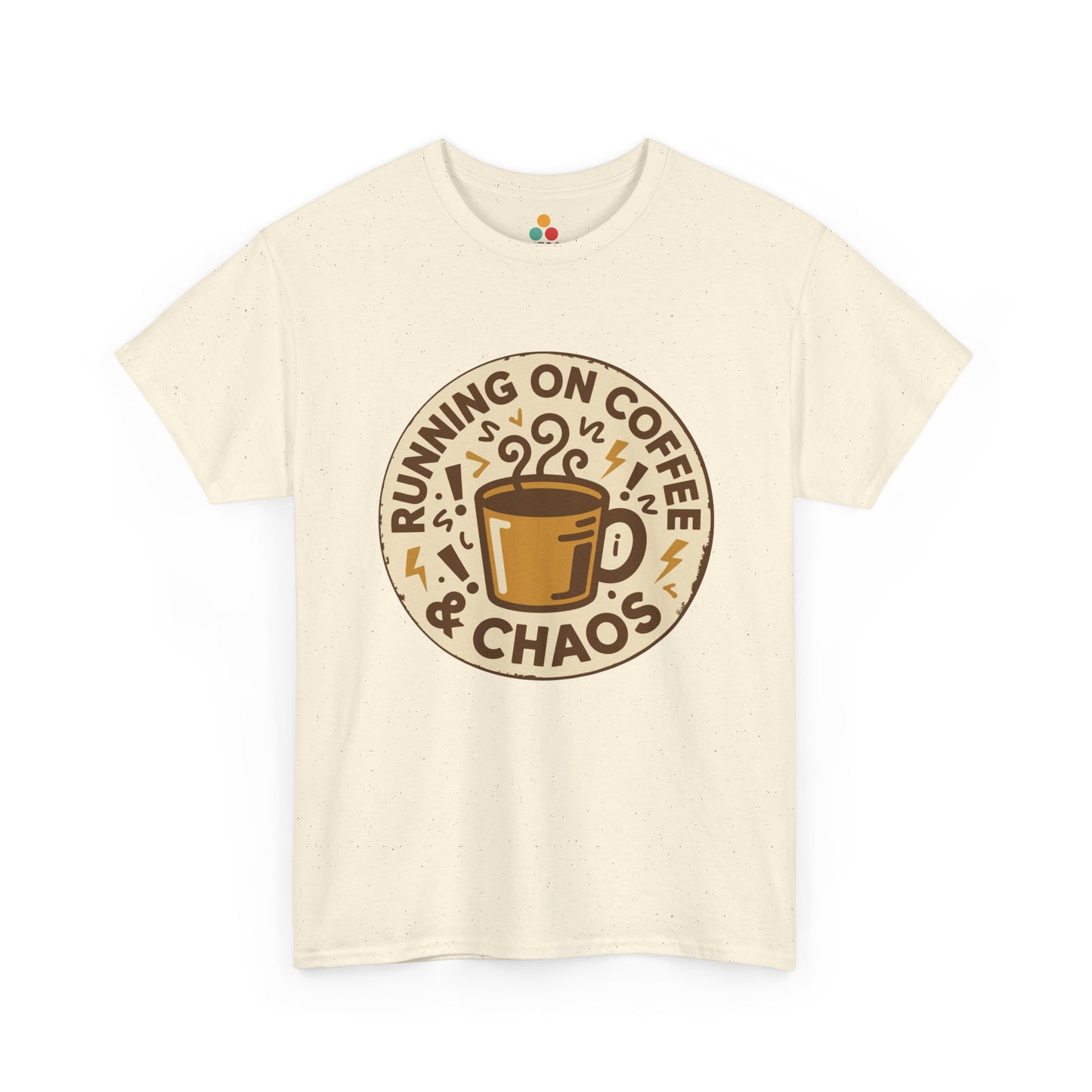 TEEZOCA cream “Running On Coffee & Chaos” aesthetic coffee t‑shirt shown flat.