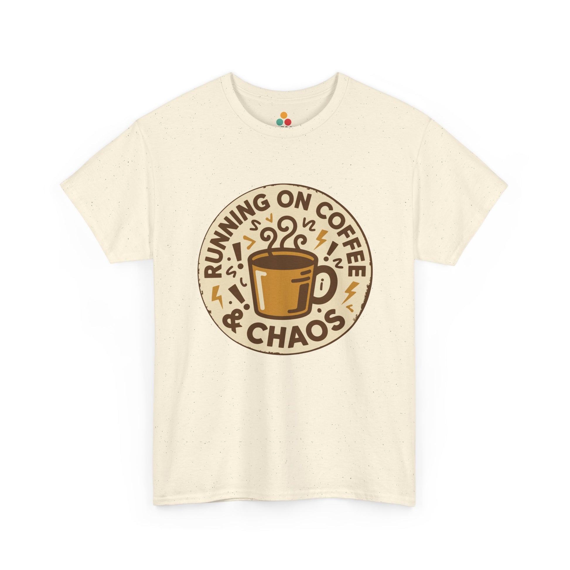 TEEZOCA cream “Running On Coffee & Chaos” aesthetic coffee t‑shirt shown flat.