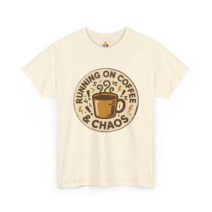 TEEZOCA cream “Running On Coffee & Chaos” aesthetic coffee t‑shirt shown flat.