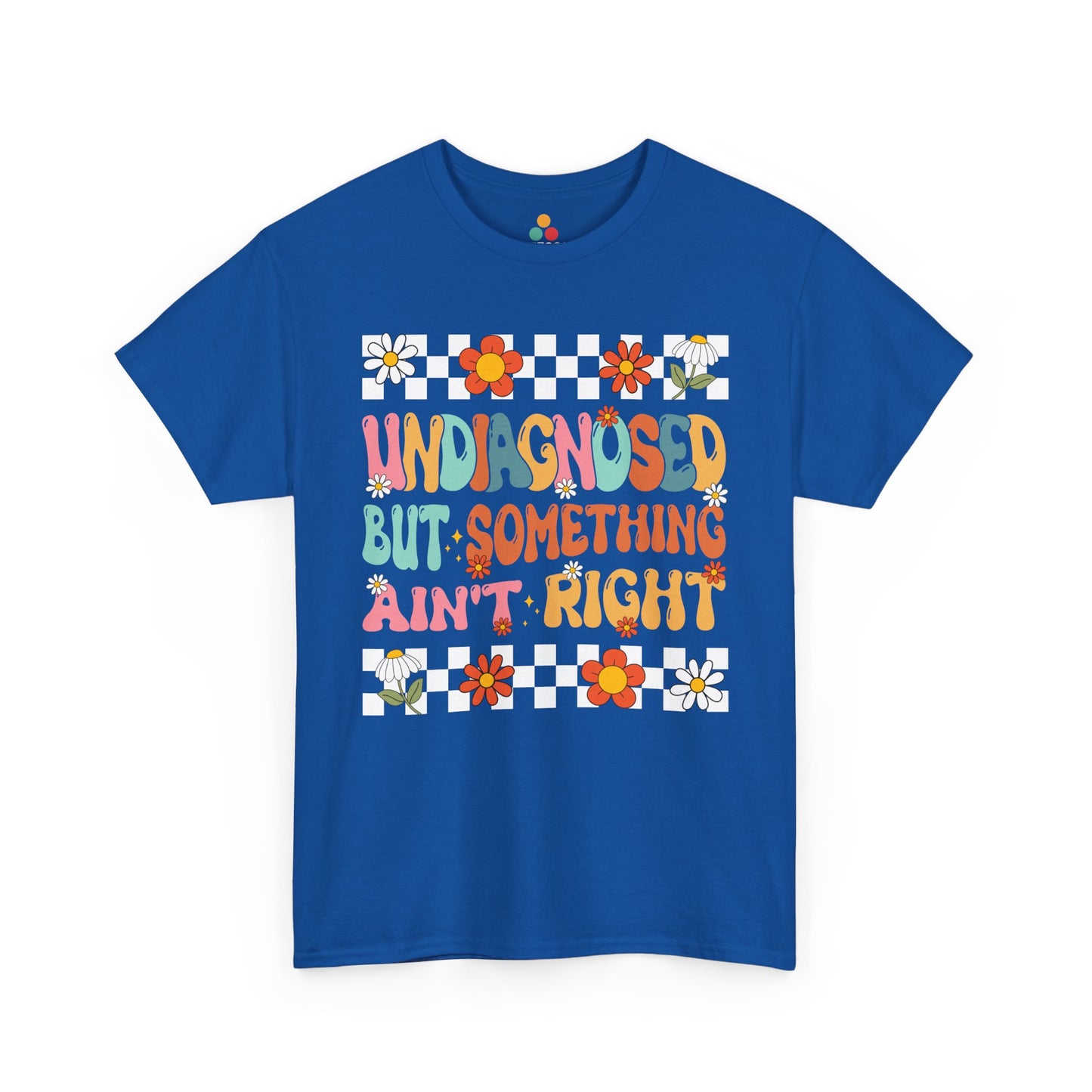 Blue t-shirt with colorful text and flower designs on a white background