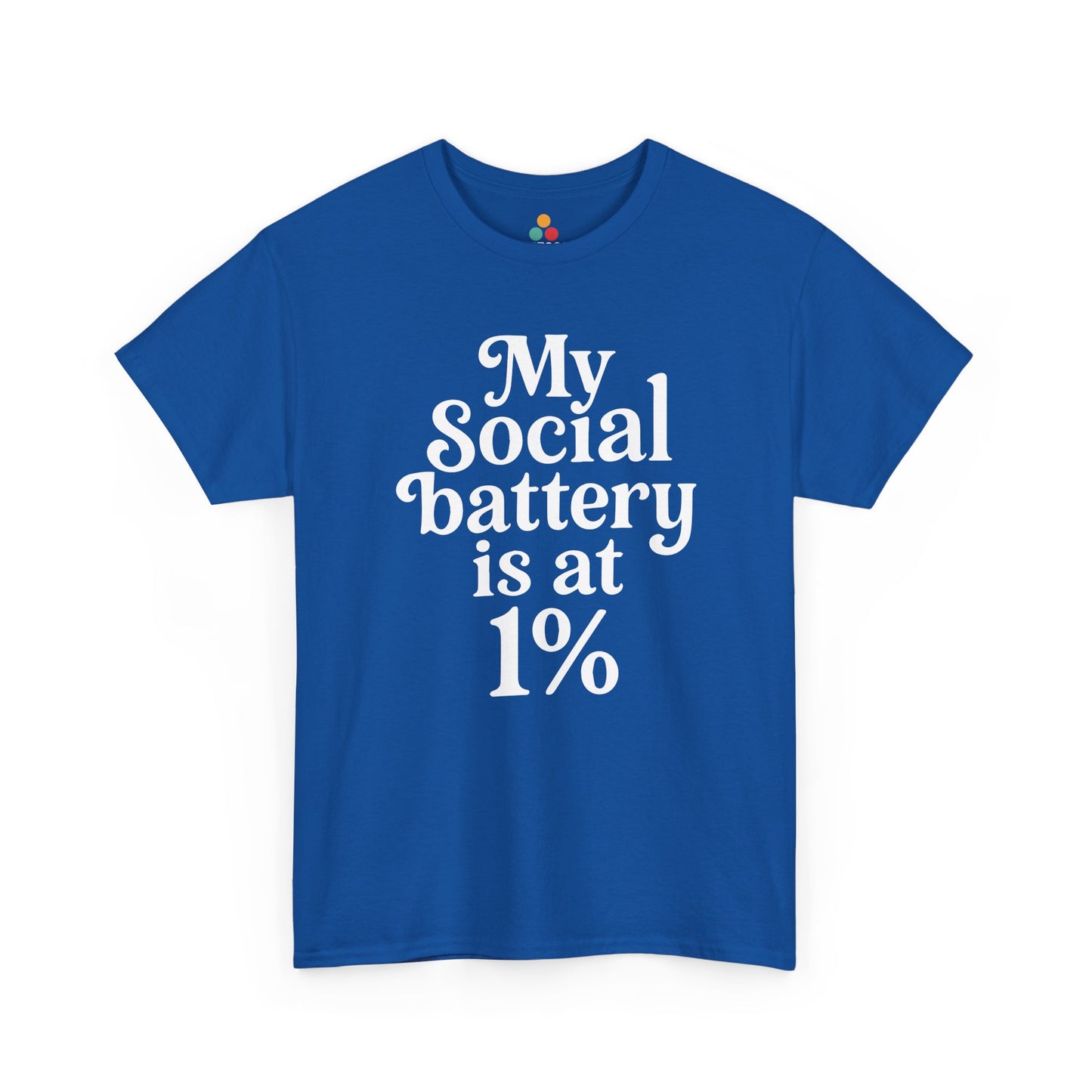 “Teezoca My Social Battery Is At 1% shirt, white text social battery quote, heather gray tee, flat front display.”

