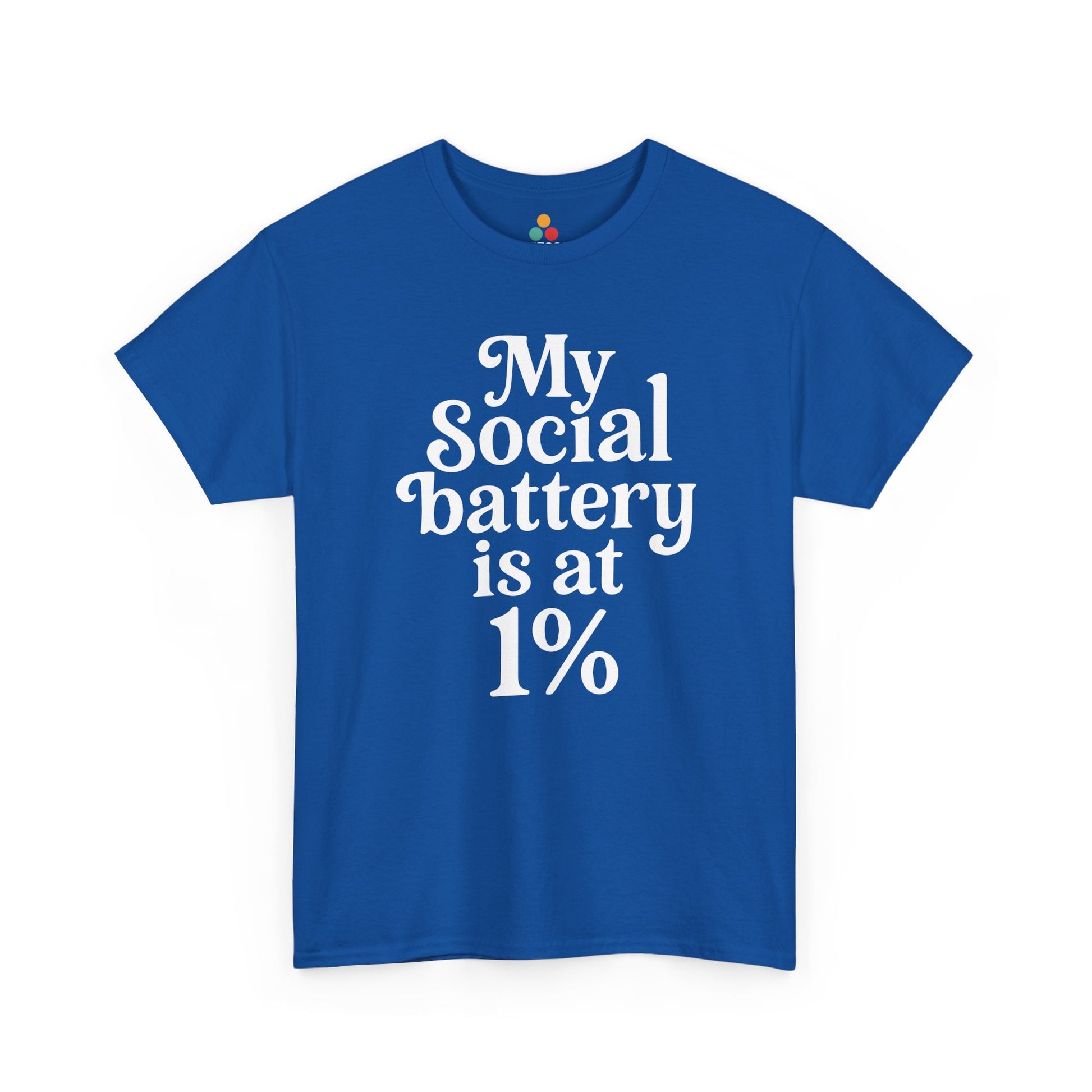 “Teezoca My Social Battery Is At 1% shirt, white text social battery quote, heather gray tee, flat front display.”

