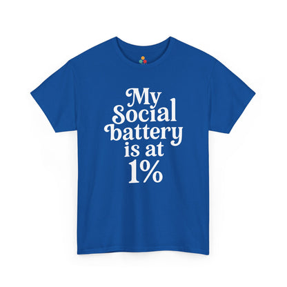 “Teezoca My Social Battery Is At 1% shirt, white text social battery quote, heather gray tee, flat front display.”

