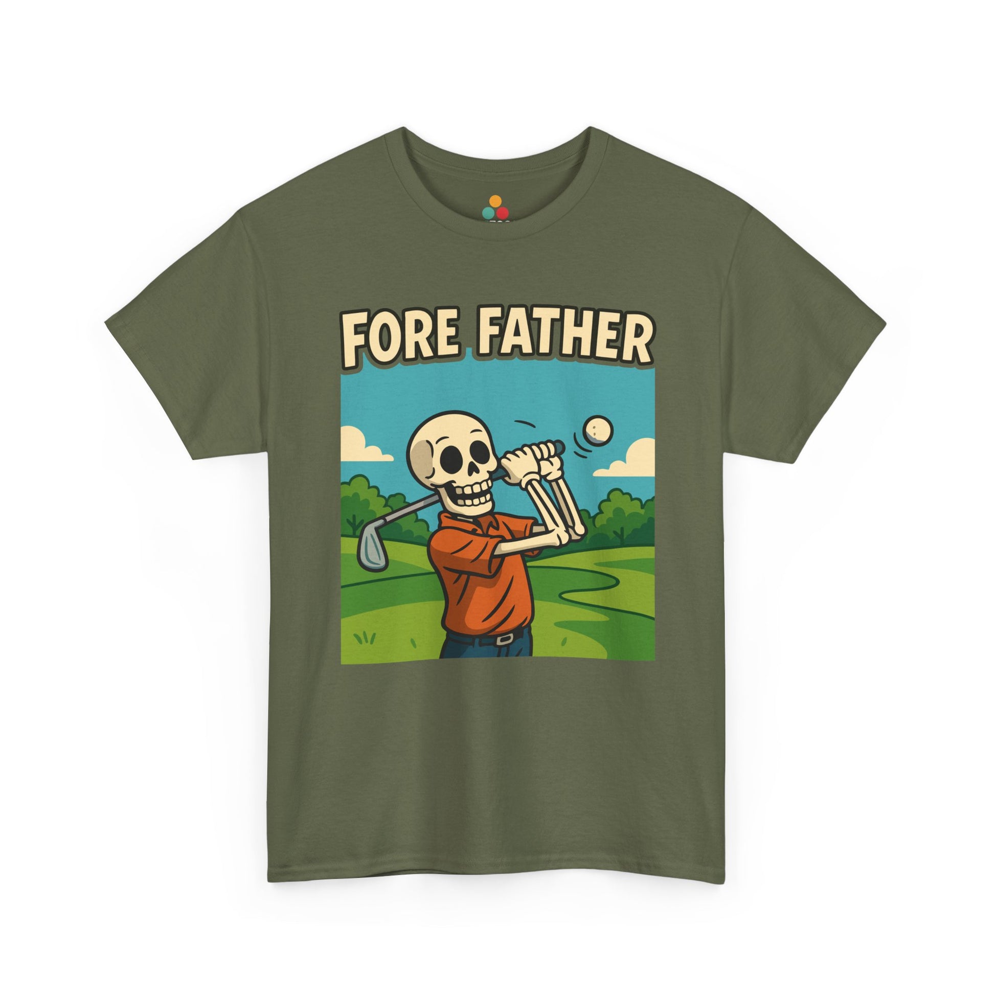 Green t-shirt with a skeleton playing golf graphic and 'FORE FATHER' text on a white background