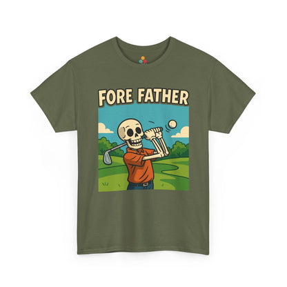 Green t-shirt with a skeleton playing golf graphic and 'FORE FATHER' text on a white background
