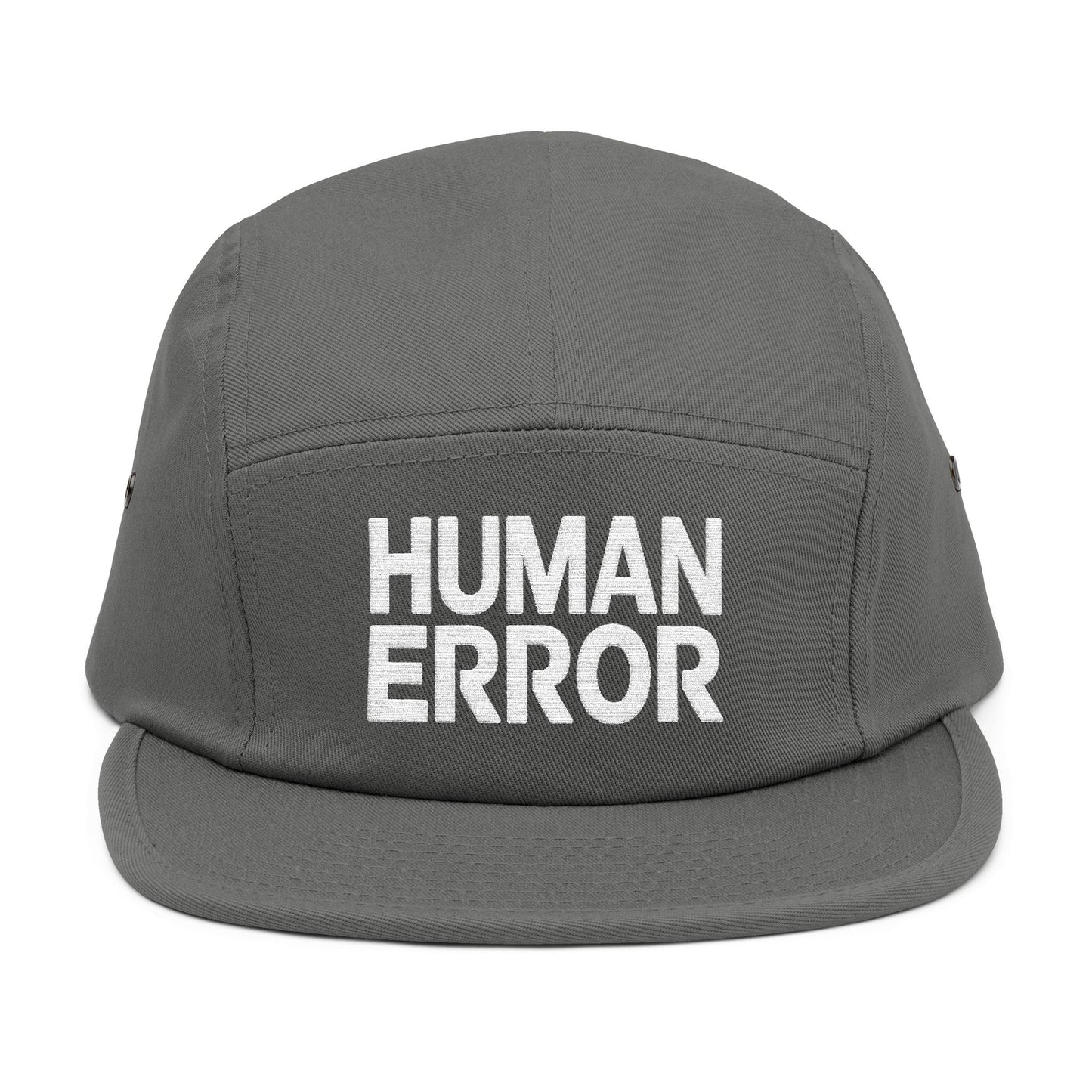 Gray cap with 'HUMAN ERROR' text on a white background. Front view of an embroidered 5-panel cap featuring the bold “HUMAN ERROR” typography in white. TEEZOCA