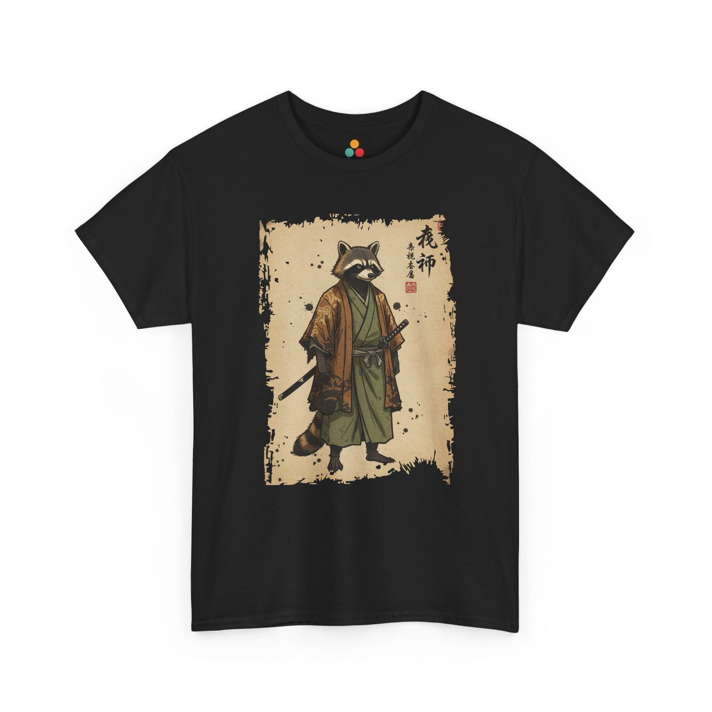 Samurai Raccoon graphic tee featuring a raccoon warrior in traditional Japanese kimono holding a katana.​

