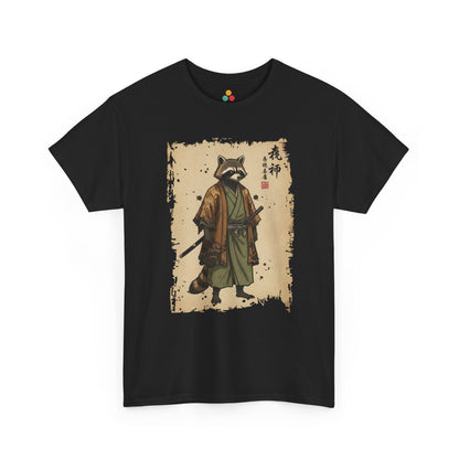 Samurai Raccoon graphic tee featuring a raccoon warrior in traditional Japanese kimono holding a katana.​

