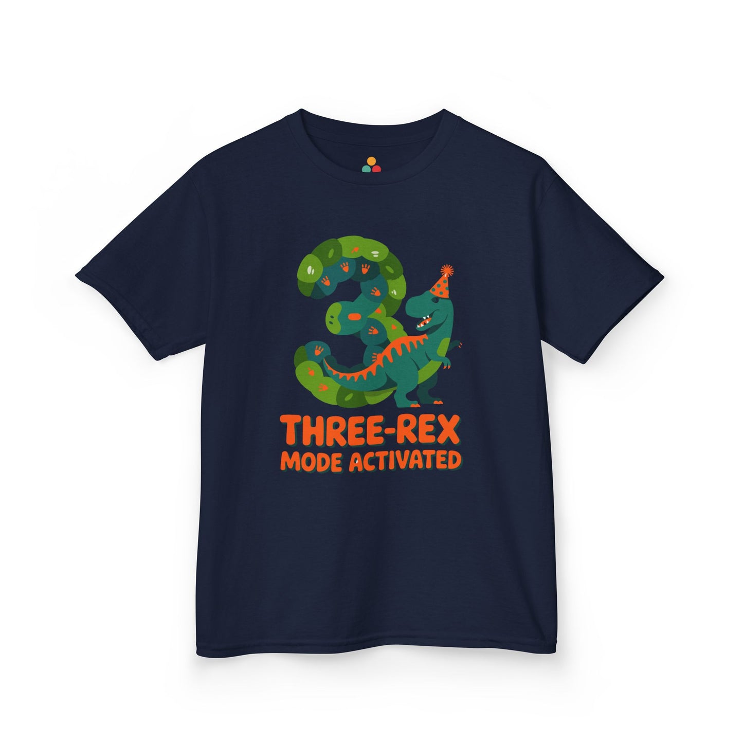 Purple kids' t‑shirt with colorful green T‑Rex wearing party hat, confetti, and "Three-Rex Mode Activated" text, flat front view.