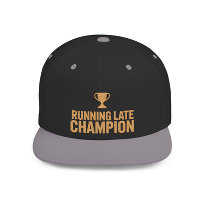 Black and gray cap with 'Running Late Champion' text and trophy icon on a white background