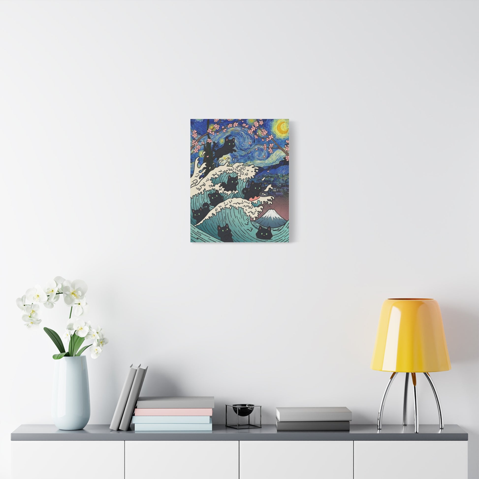 Starry Night Black Cat Wave Canvas Art – Aesthetic Fine Art Decor | TEEZOCA 