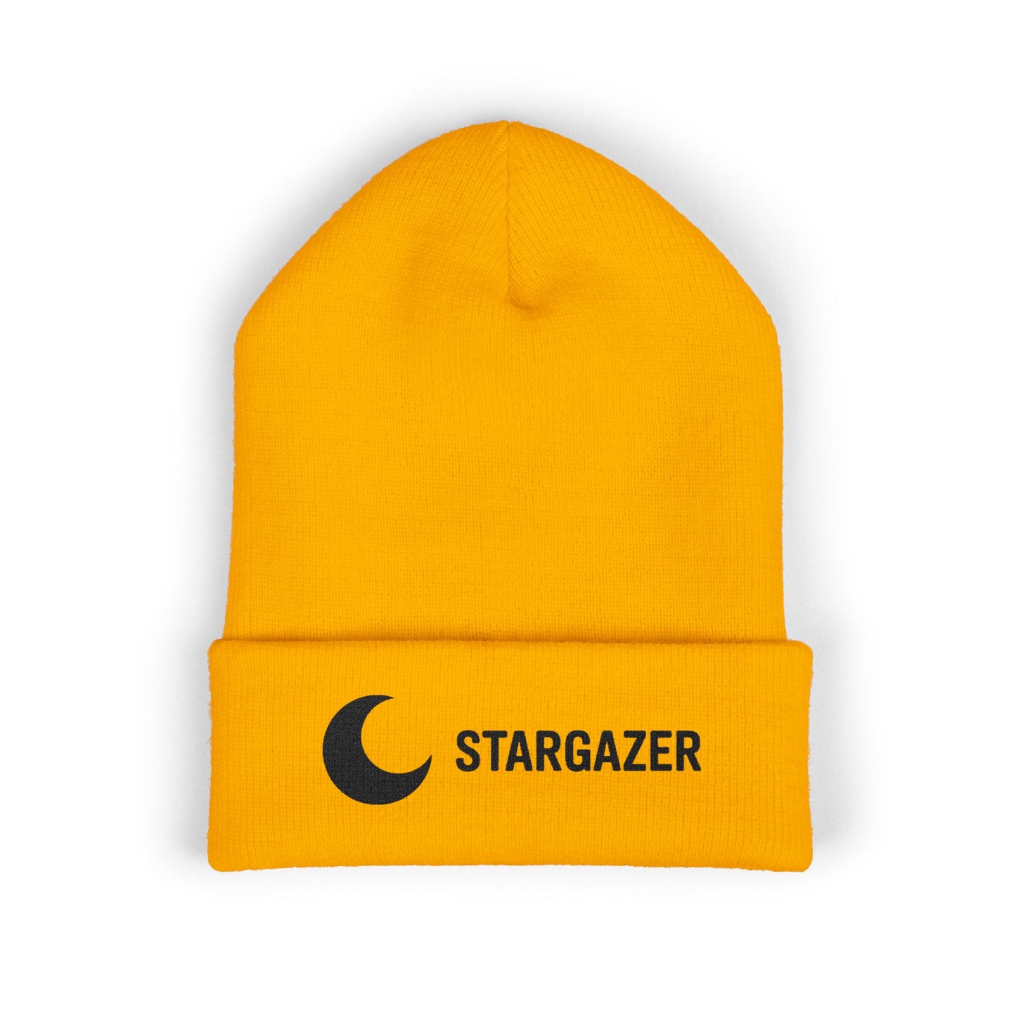 Yellow beanie with 'Stargazer' logo on a white background