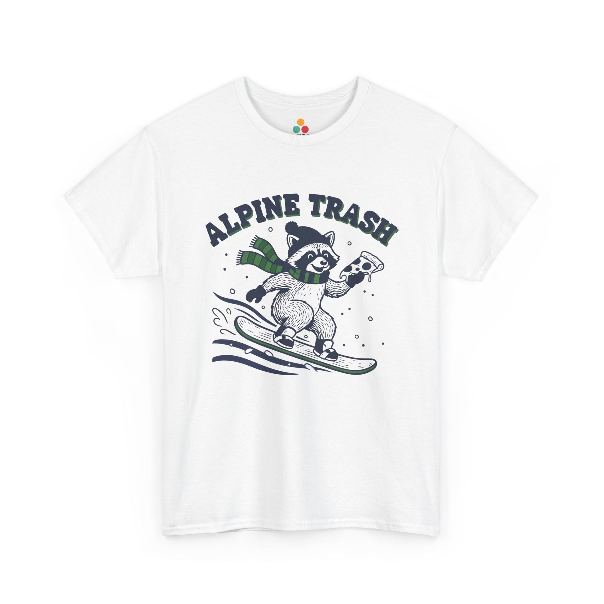 Alpine Trash Raccoon Snowboarding T‑Shirt – Funny Trash Panda Pizza Lover Ski Resort Tee | TEEZOCA 