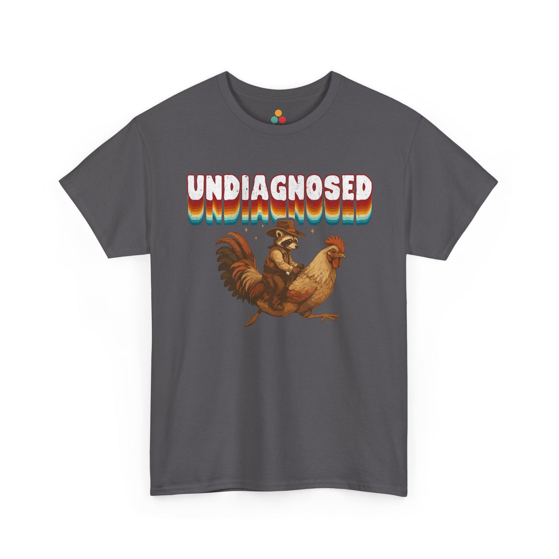 Gray t-shirt with a graphic of a sloth and rooster and 'undiagnosed' text on a white background