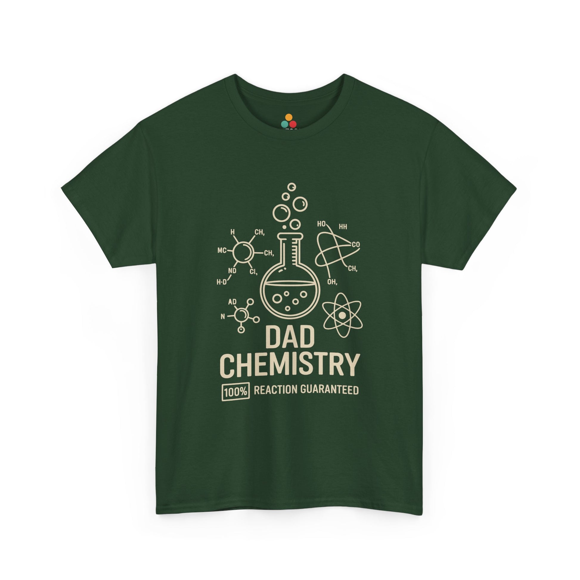 TEEZOCA green “Dad Chemistry 100% Reaction Guaranteed” STEM dad graphic tee shown flat.