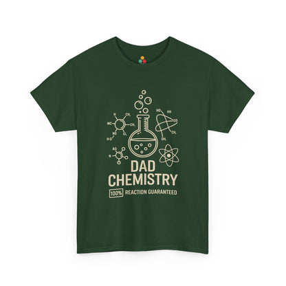TEEZOCA green “Dad Chemistry 100% Reaction Guaranteed” STEM dad graphic tee shown flat.