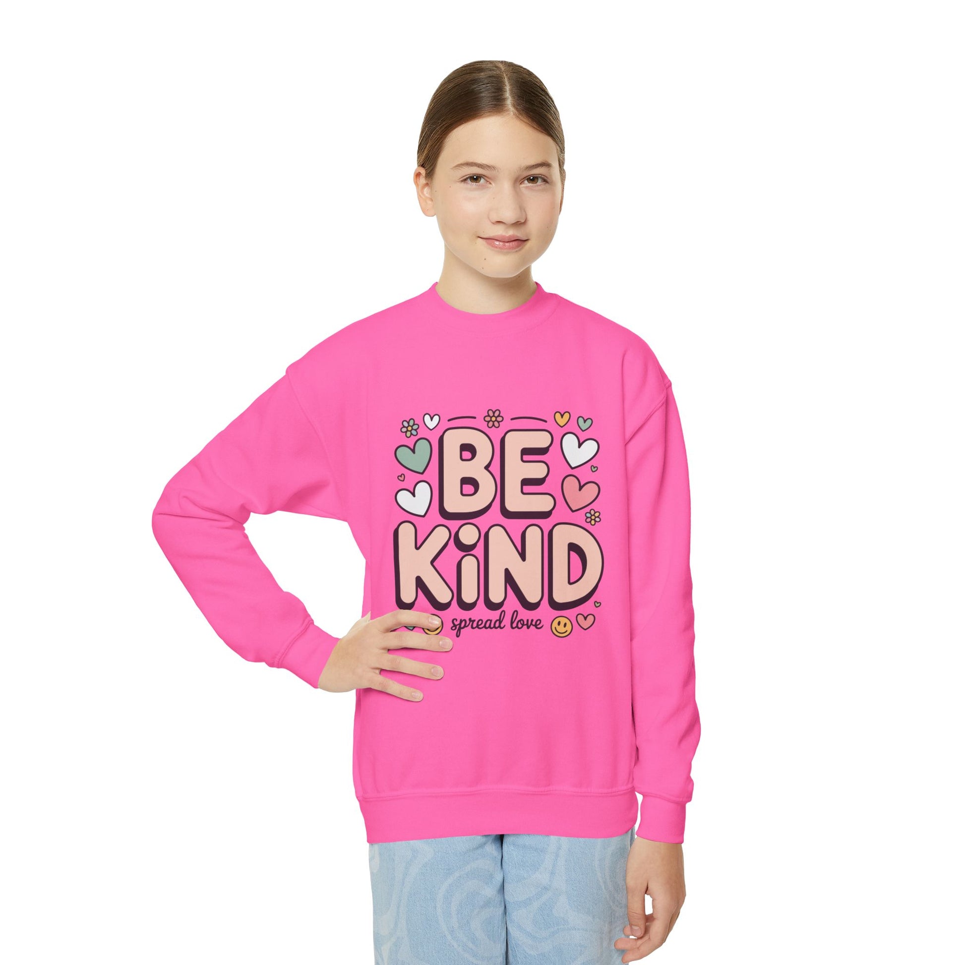 Be Kind Youth Crewneck Sweatshirt — Cute Heart Graphic, Spread Love Kids Sweater TEEZOCA