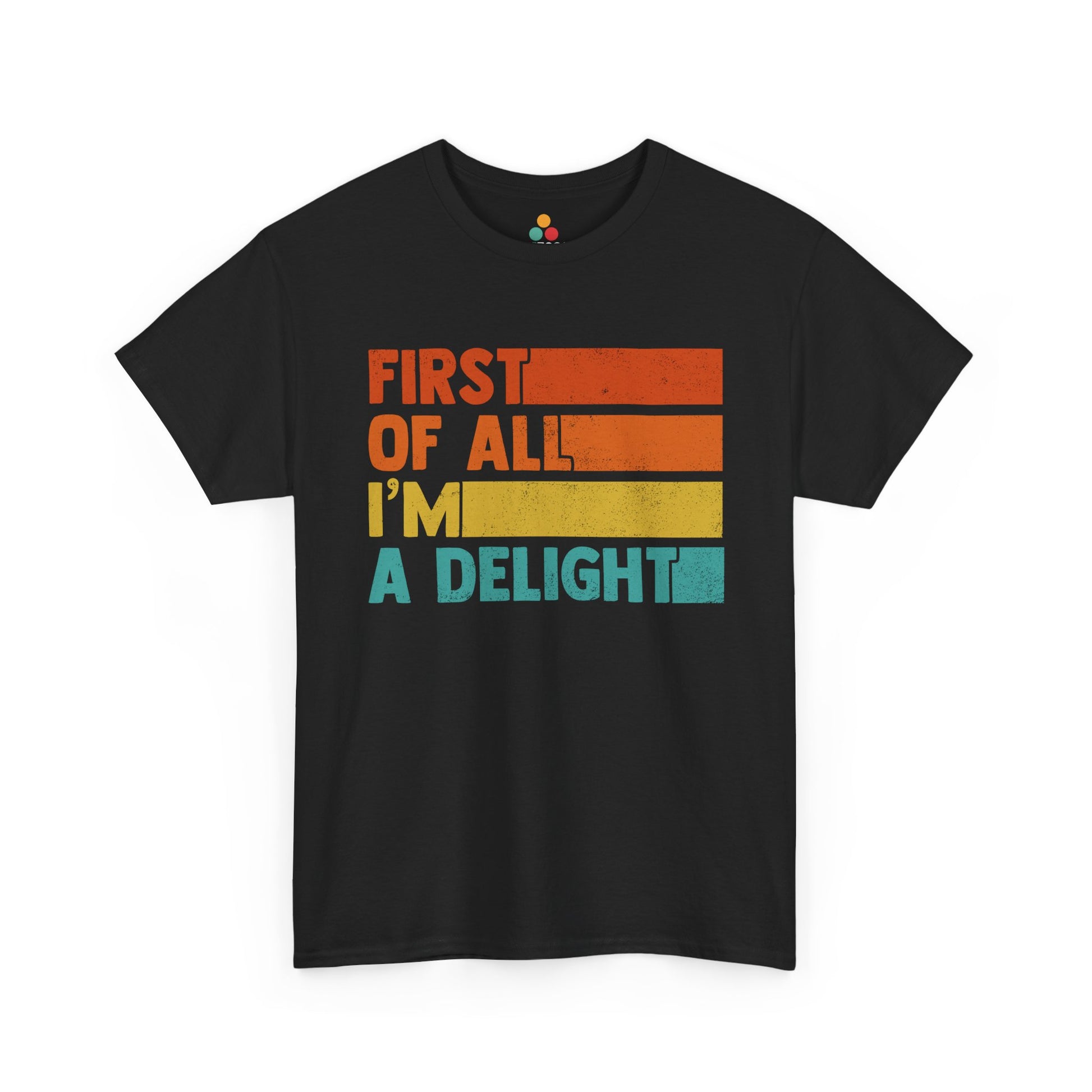 “Black t‑shirt with vintage sunset stripes and ‘First Of All I’m A Delight’ text, flat display.”

