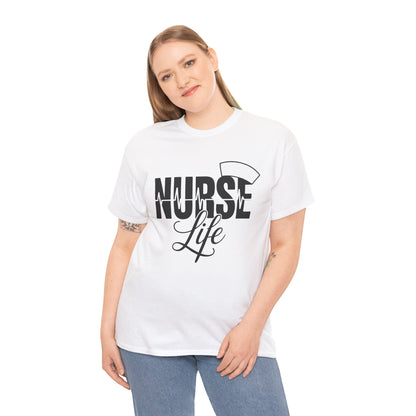 “Female model wearing Teezoca Nurse Life t-shirt, heartbeat line and nurse cap graphic, white unisex tee, front.”

