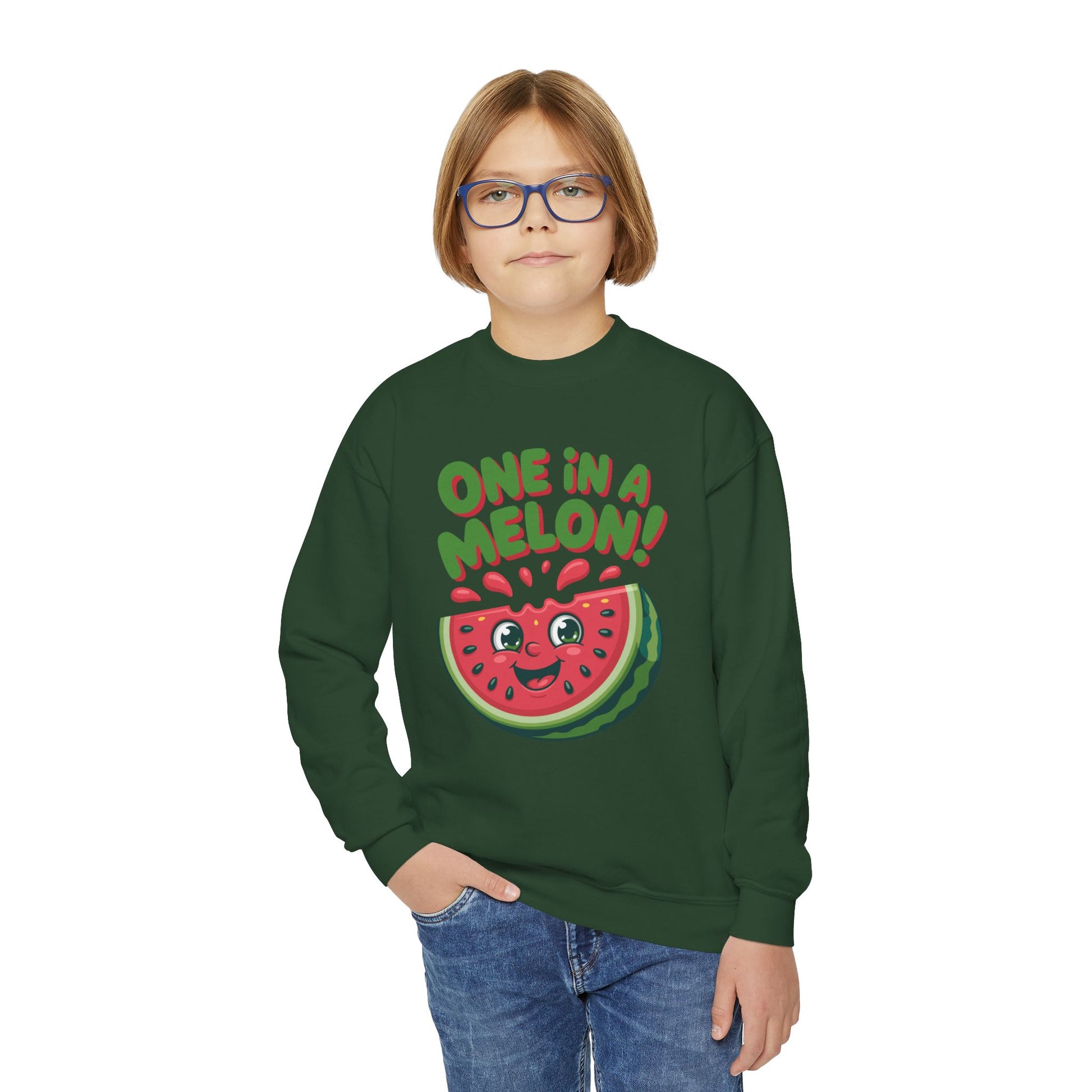 Youth Crewneck Sweatshirt — "One in a Melon" Cute Watermelon Graphic TEEZOCA