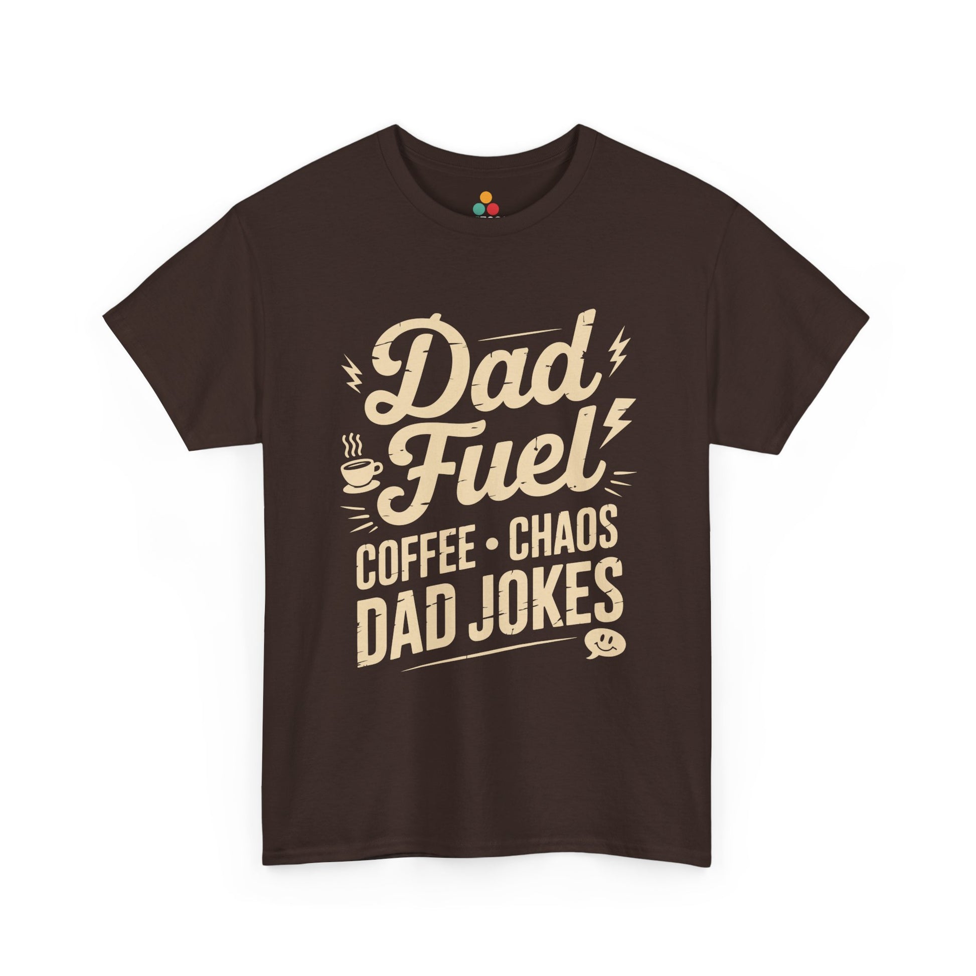 TEEZOCA brown “Dad Fuel Coffee Chaos Dad Jokes” novelty coffee dad t-shirt displayed flat.