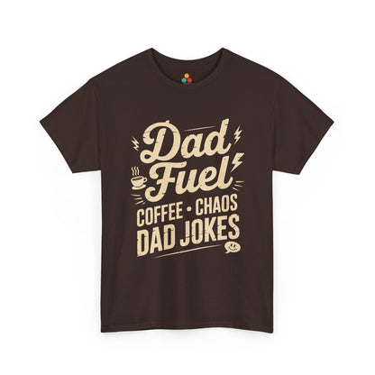 TEEZOCA brown “Dad Fuel Coffee Chaos Dad Jokes” novelty coffee dad t-shirt displayed flat.
