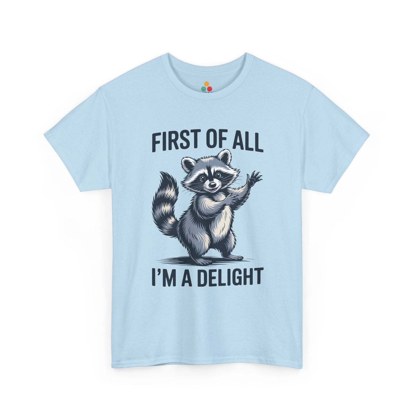 TEEZOCA light blue “First Of All I’m A Delight” novelty raccoon t‑shirt displayed flat.