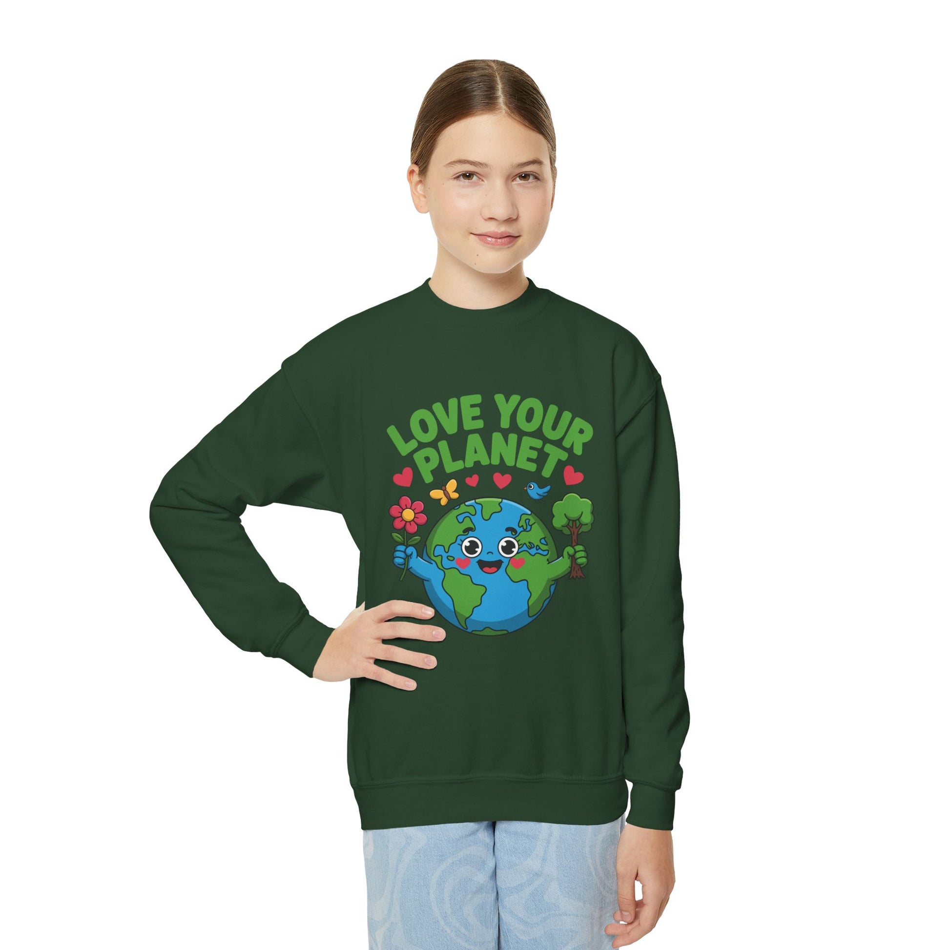 Love Your Planet Youth Sweatshirt — Cute Earth Day Eco-Friendly Kids Crewneck TEEZOCA