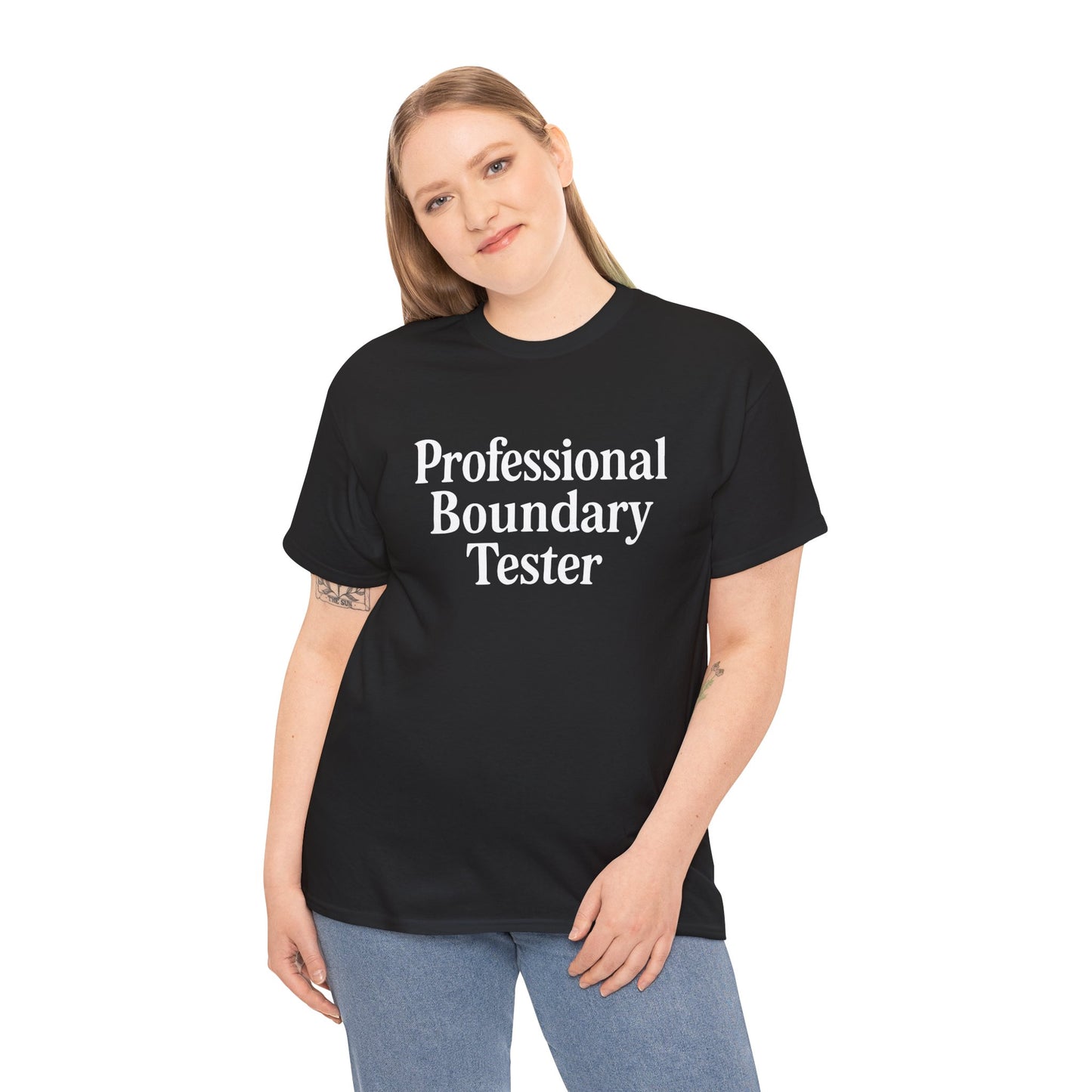 "Women wearing black 'Professional Boundary Tester' funny QA testing t‑shirt, standing front view."

