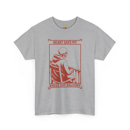 Gray t-shirt mockup with “Heart Says Pit Knees Say Balcony” skeleton concert quote graphic on front
