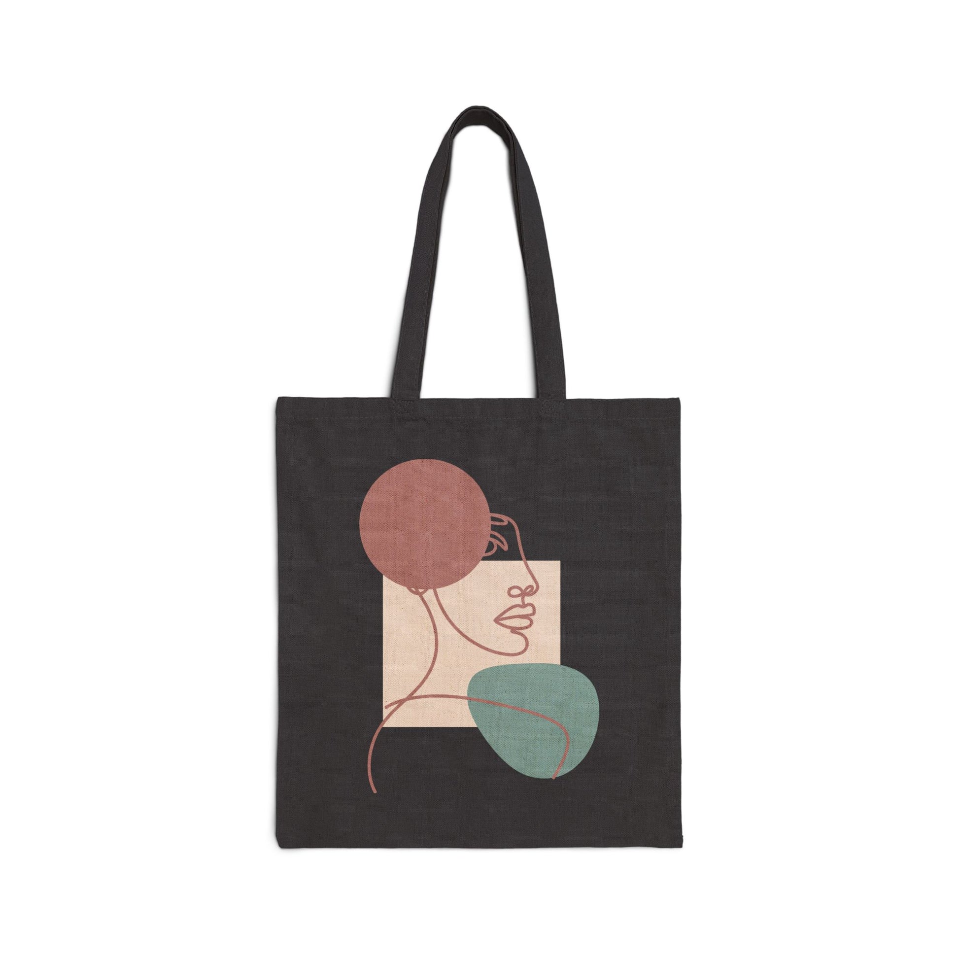 TEEZOCA tote bag with abstract line art face and geometric shapes design