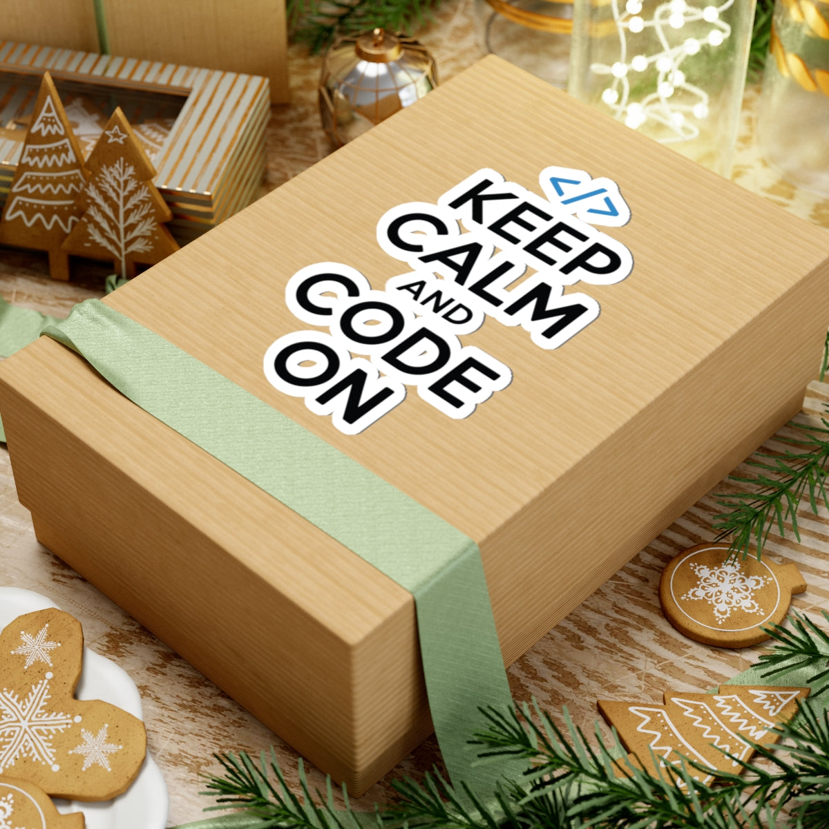 TEEZOCA programmer sticker keep calm and code on quote with brackets