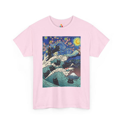 Van Gogh Starry Night Black Cat Wave T-Shirt – Aesthetic Impressionism Inspired Fine Art Tee | TEEZOCA 