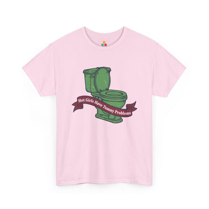 Funny Green Toilet Graphic T-Shirt - "Hot Girls Have Tummy Problems" Relatable Meme Tee | TEEZOCA 
